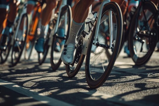 Detailed shot of cyclists' wheels and shoes in a race, with sunlit shadows