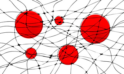 Chaotic abstract smooth lines, red circles, nero graphics, pencil design