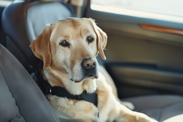 dog comfortably sitting in the back seat of a car, securely fastened with a safety belt