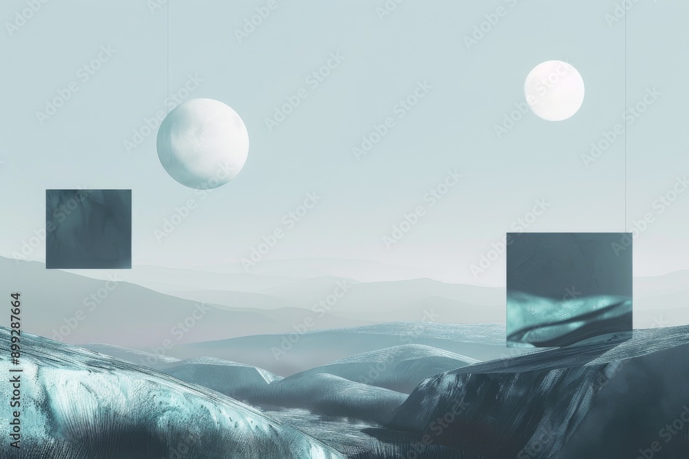 Poster abstract minimalist landscape with floating shapes