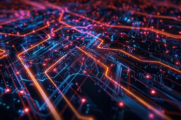 Dynamic tilted angle shot of interconnected digital circuits, glowing neon lines, and dots, professional graphic style