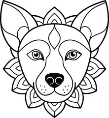 dog face coloring page kids friendly simple line art cute puppy head with geometric flower mandala design pattern minimal clipart art KDP coloring interior