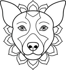 dog face coloring page kids friendly simple line art cute puppy head with geometric flower mandala design pattern minimal clipart art KDP coloring interior