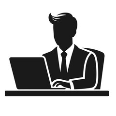 Clean black and white vector silhouette of a person using laptop isolated on white background