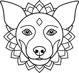 dog face coloring page kids friendly simple line art cute puppy head with geometric flower mandala design pattern minimal clipart art KDP coloring interior