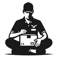 Clean black and white vector silhouette of a Delivery boy isolated on white background
