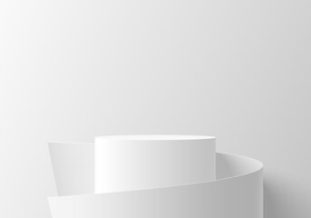3D cylindrical white podium background with roll wrap paper wall scene. Minimalist 3D mockup pedestal, Abstract cosmetic product display presentation, Stage showcase. Platforms vector geometric design