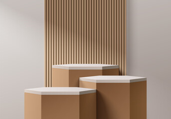 Realistic brown, gray 3D hexagon podium set with wooden slats on wall scene. Minimalist 3D mockup abstract cosmetic product display presentation, Stage for showcase. Platforms vector geometric design.