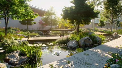 Fototapeta premium Serene Pond Garden with Stone Path and Bridge