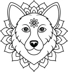 dog face coloring page kids friendly simple line art cute puppy head with geometric flower mandala design pattern minimal clipart art KDP coloring interior