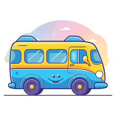 Cute cartoon illustration of a yellow and blue bus with a smiley face. 