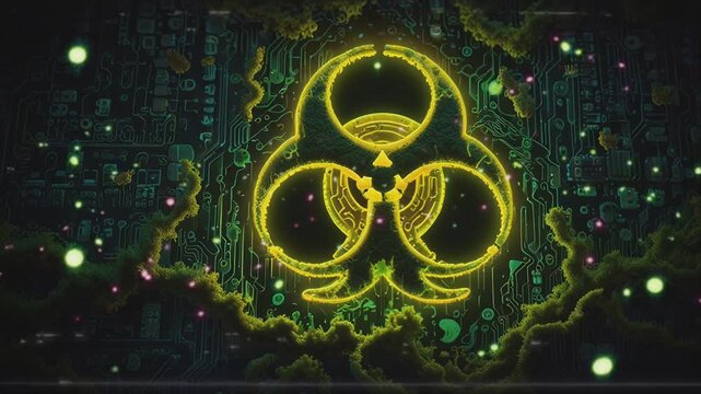 The video is a yellow biohazard symbol on a dark green background with glowing particles.
