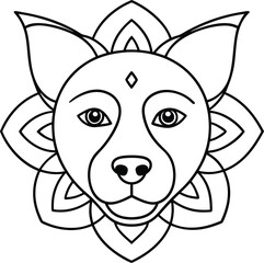 dog face coloring page kids friendly simple line art cute puppy head with geometric flower mandala design pattern minimal clipart art KDP coloring interior