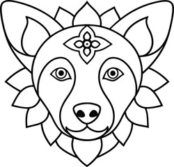 dog face coloring page kids friendly simple line art cute puppy head with geometric flower mandala design pattern minimal clipart art KDP coloring interior