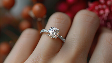 close up photo of a finger woman with a diamond ring on the finger with a minimalist background
