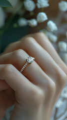 close up photo of a finger woman with a diamond ring on the finger with a minimalist background