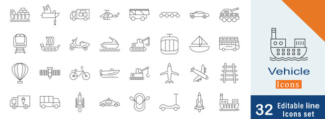 Vehicle line art icon collection. containing cars, bicycles, ships, boats, helicopters, modern design elements and more editable line icons © PARVEZ