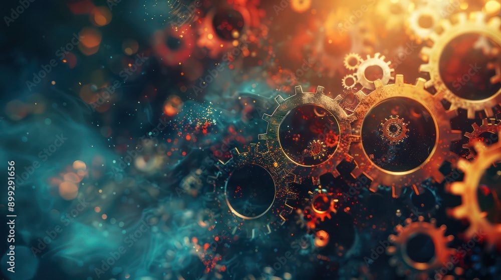 Poster creative artwork of gears and digital elements merging together, symbolizing synergy in data analyti