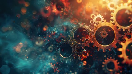 Creative artwork of gears and digital elements merging together, symbolizing synergy in data analytics. 