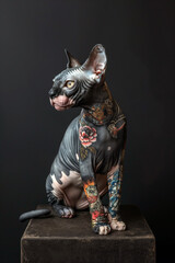A Sphynx cat adorned with vibrant, detailed tattoos sits elegantly, showcasing its unique body art against a dark background.