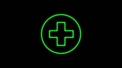 Medical symbol of emergency help. Neon plus sign in circle on black background.