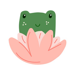 Frog sitting in a water lily flower. Funny animal character. Clip art for children's illustrations, prints, stickers