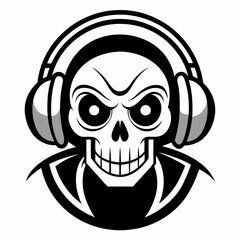 Skull clown with  headphones in black and white vector illustration 