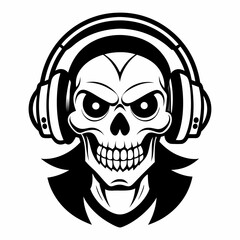 Skull clown with  headphones in black and white vector illustration 