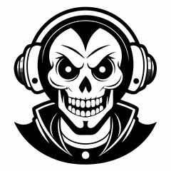 Skull clown with  headphones in black and white vector illustration 