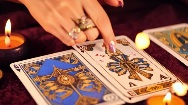 A fortune-teller holding THE SUN card and tarot cards. Tarot cards and burning candles. The practice of astrology and forecasting.