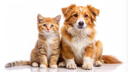 Obraz premium Adorable golden border collie and orange tabby kitten sitting together in perfect harmony on a transparent background, paws touching ground.