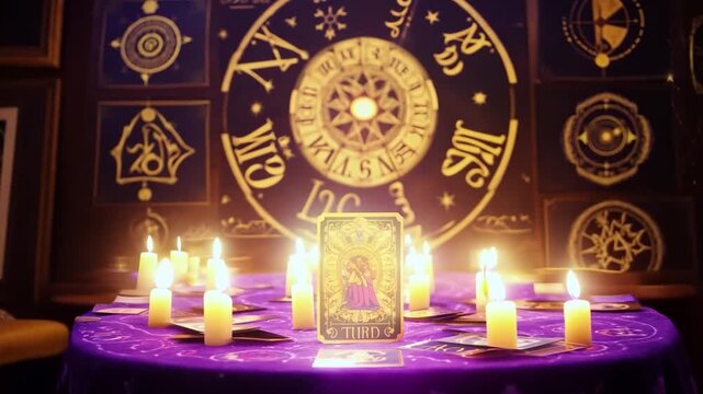 A fortune-teller holding THE SUN card and tarot cards. Tarot cards and burning candles. The practice of astrology and forecasting.