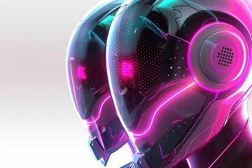Vibrant neon colored futuristic helmets symbolizing advanced technology innovation and digital transformation in a sleek modern design