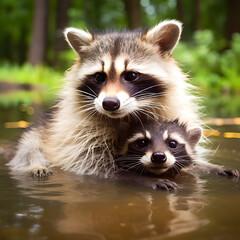 Obraz premium Raccoon taking bath in a stream
