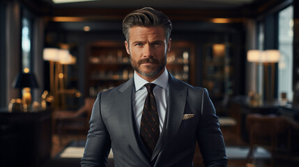 Fototapeta premium Portrait of a professional man in a suit. Business man standing in an office.