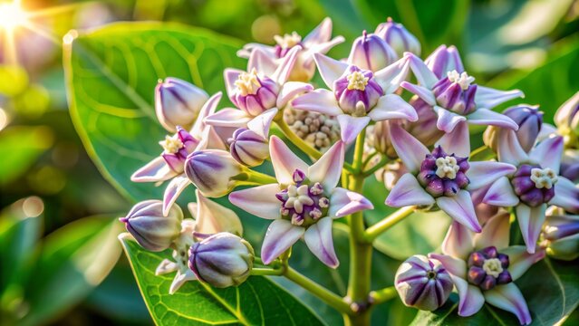 Delicate white and vibrant purple Calotropis procera flowers bask in warm sunlight, showcasing intricate details and subtle color nuances.