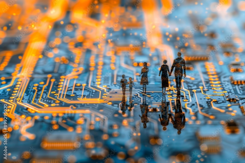 Poster miniature human figures navigating a vast intricate digital circuit board symbolizing technological 