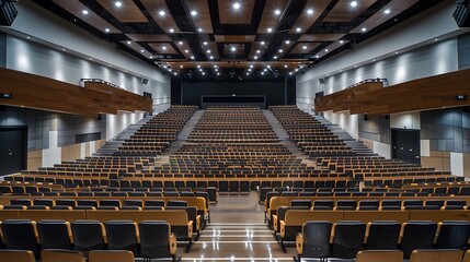 Obraz premium A modern school auditorium with rows of comfortable seating, a large stage, and advanced lighting and sound systems. The space is ready for performances and events.
