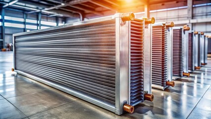 Row of shiny aluminum fins on industrial evaporator coil unit installed on a concrete floor in a mechanical room