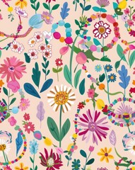 Tile texture of A colorful floral pattern with a peace sign in the center. background