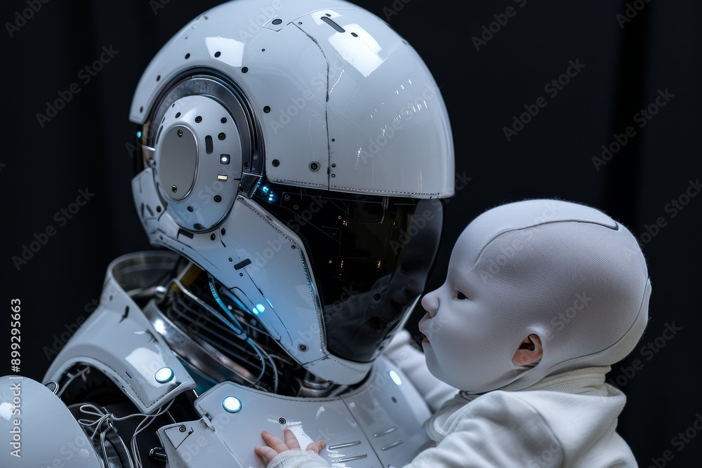 Poster robotic head and human skull juxtaposed in a high tech environment symbolizing the intersection of h