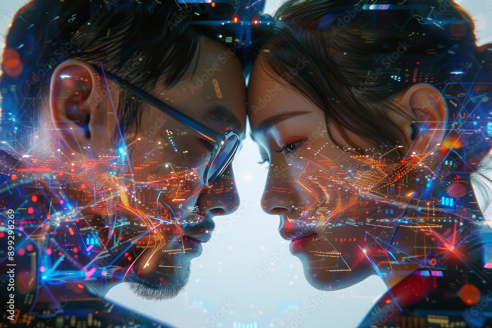 Aufkleber intimate moment between a human and digital entity in a neon lit futuristic environment exploring th