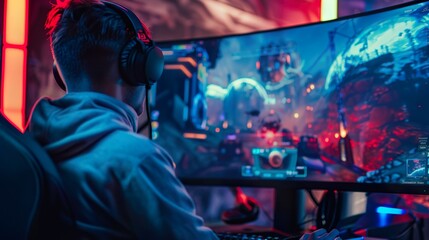 Gamer with headphones playing a video game