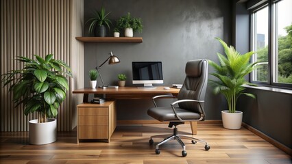 Modern ergonomic computer desks with leather chairs and potted plants amidst sleek gray walls and polished wooden floors in silence.
