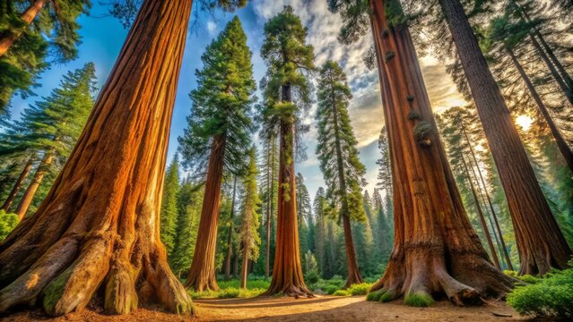 Majestic giant sequoia trees with massive trunks and sprawling canopies stand tall in a serene and tranquil forest landscape.