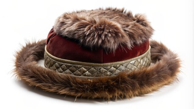 Traditional Jewish fur hat adorned with feathers and velvet, isolated on a white background with subtle shadows and textures.