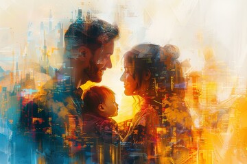 Abstract digital artwork of family connection amidst vibrant colorful splashes symbolizing unity emotion and modern technology in a dynamic composition