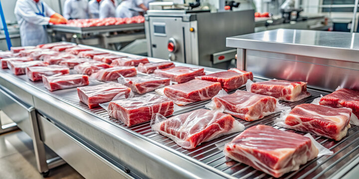 Freshly cut meat arranged on a packing machine, being wrapped in transparent plastic, emphasizing the industrial process of meat packaging and distribution.