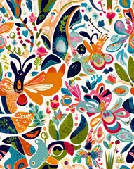 Obraz premium Tile texture of A colorful painting of a garden with many different flowers and butterflies