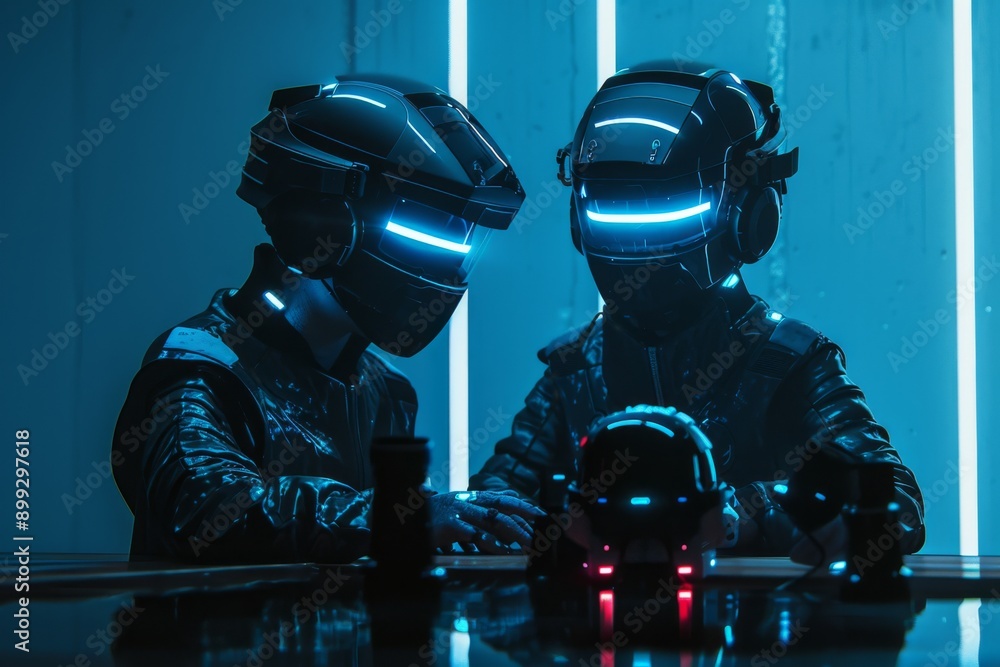 Poster thought provoking image of two futuristic figures in neon lit helmets symbolizing advanced technolog